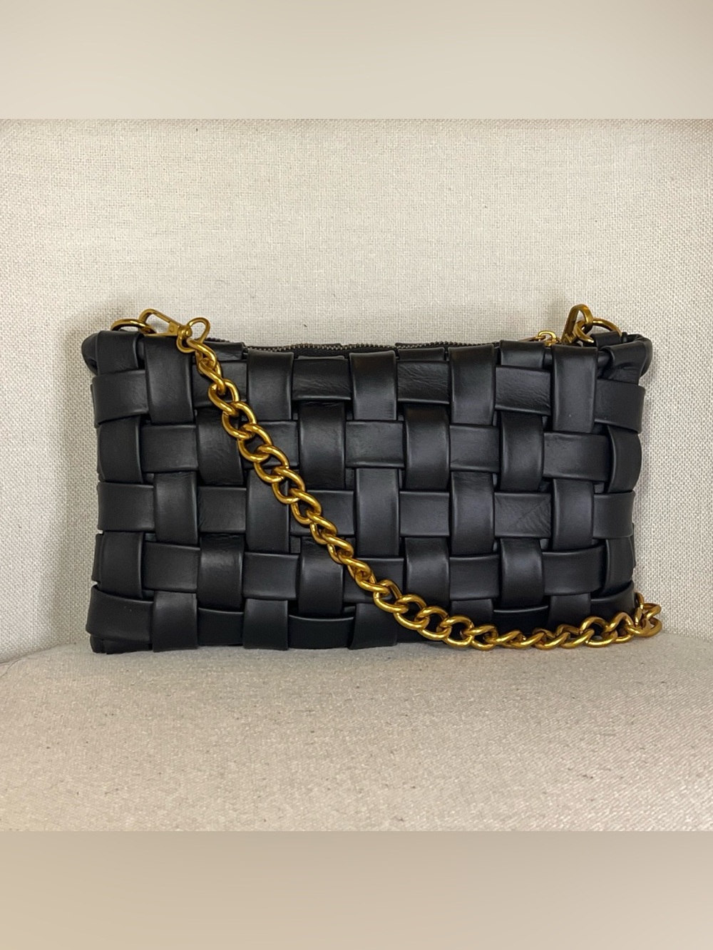 Black Woven Leather Shoulder Bag with Gold Chain